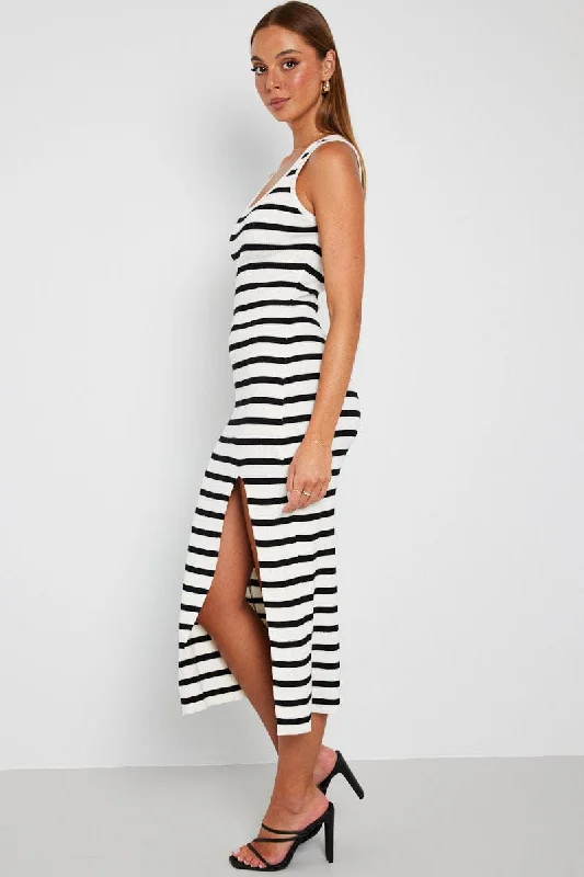 White Stripe Knit Dress Sleeveless Side Split