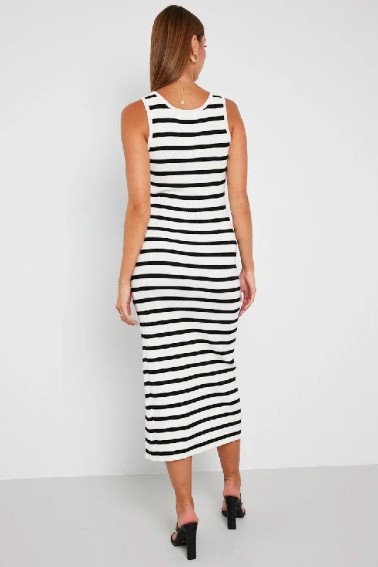 White Stripe Knit Dress Sleeveless Side Split