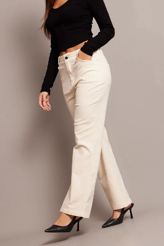 White Wide Leg Pants High Rise Corduroy