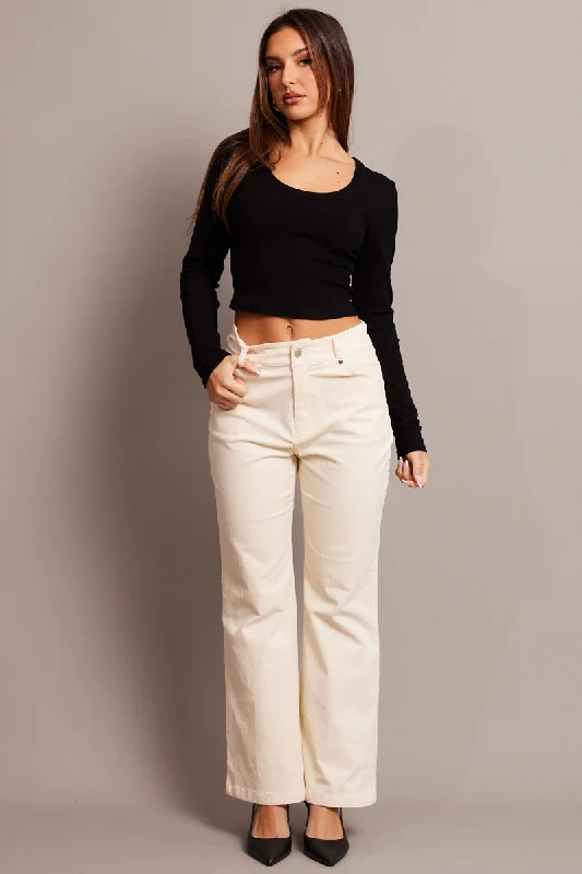 White Wide Leg Pants High Rise Corduroy