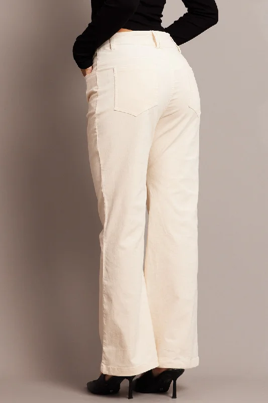 White Wide Leg Pants High Rise Corduroy