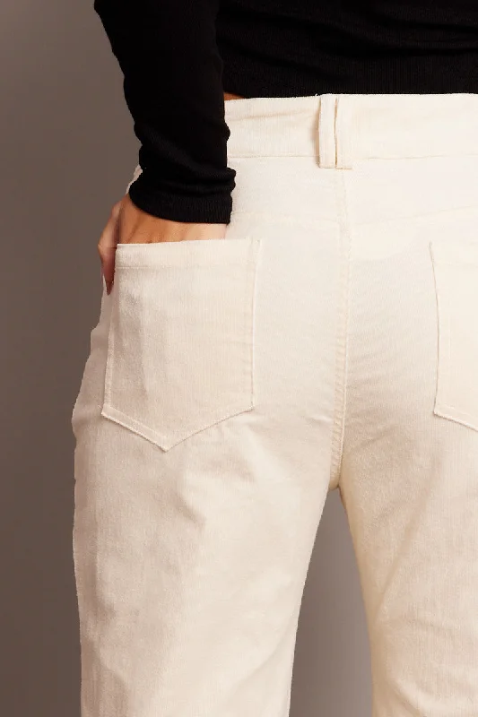 White Wide Leg Pants High Rise Corduroy