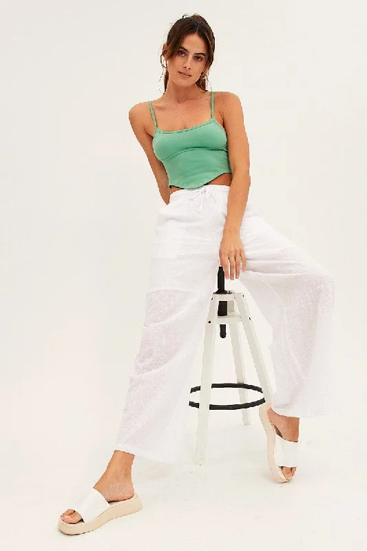 White Wide Leg Pants High Rise Cotton