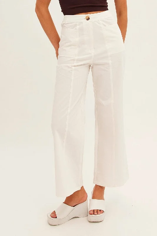 White Wide Leg Pants High Rise Cotton