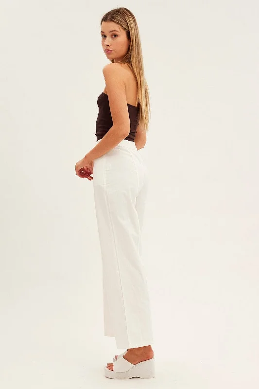 White Wide Leg Pants High Rise Cotton