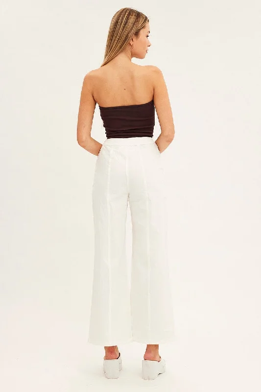 White Wide Leg Pants High Rise Cotton