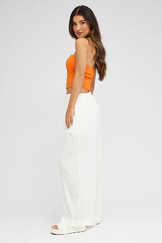 White Wide Leg Pants High Rise Textured Fabric