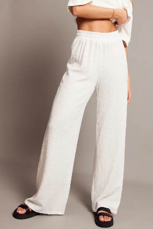 White Wide Leg Pants High Rise Textured Fabric