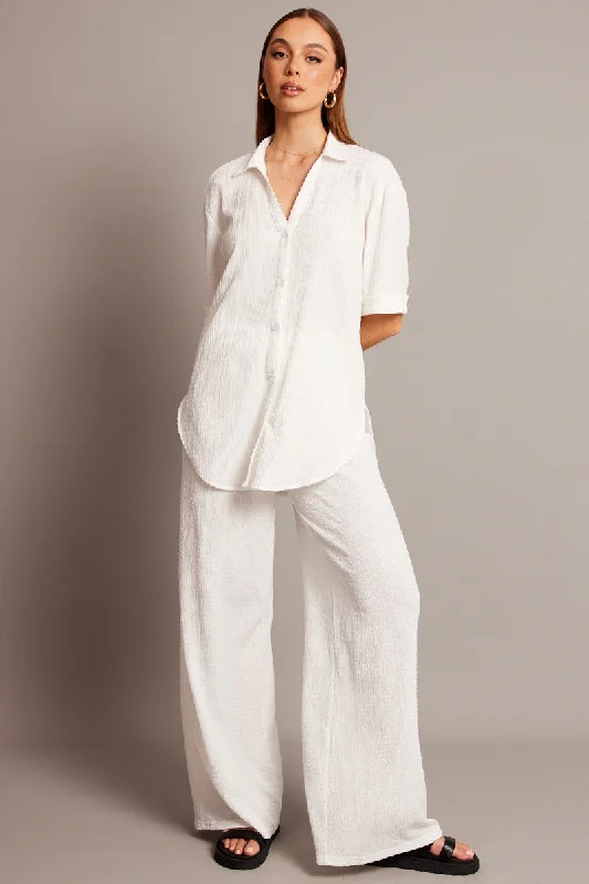 White Wide Leg Pants High Rise Textured Fabric