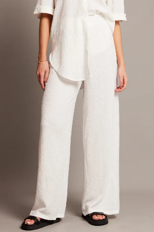 White Wide Leg Pants High Rise Textured Fabric