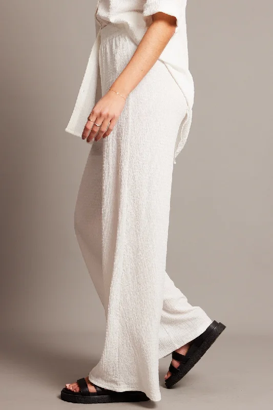 White Wide Leg Pants High Rise Textured Fabric