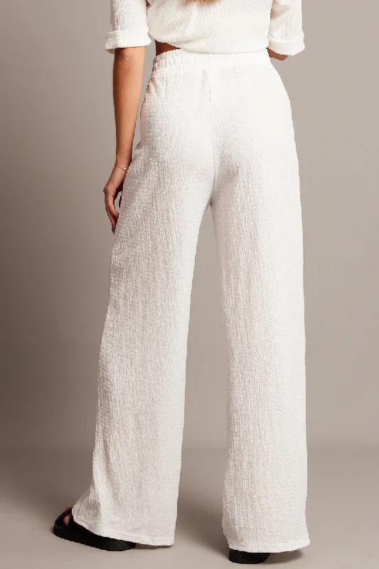 White Wide Leg Pants High Rise Textured Fabric