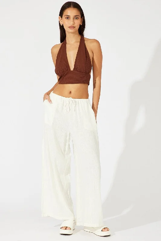 White Wide Leg Pants Low Rise Linen Blend