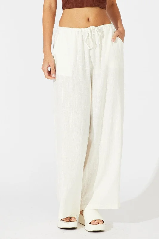 White Wide Leg Pants Low Rise Linen Blend