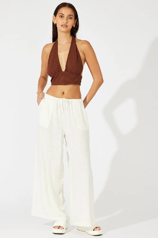 White Wide Leg Pants Low Rise Linen Blend