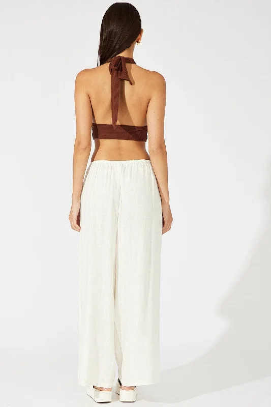 White Wide Leg Pants Low Rise Linen Blend