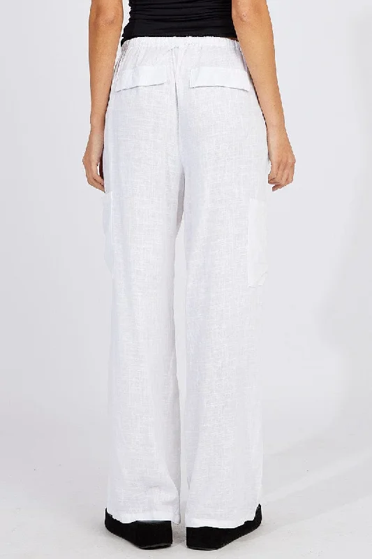 White Wide Leg Pants Mid Rise Linen Blend