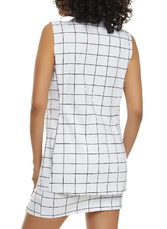 Windowpane Print Faux Button Open Front Blazer Vest