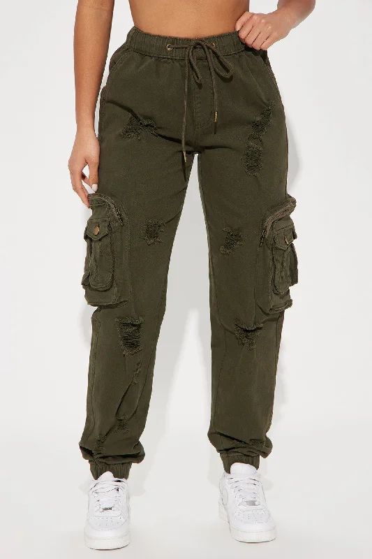 Who's That Girl Distressed Cargo Jogger - Olive