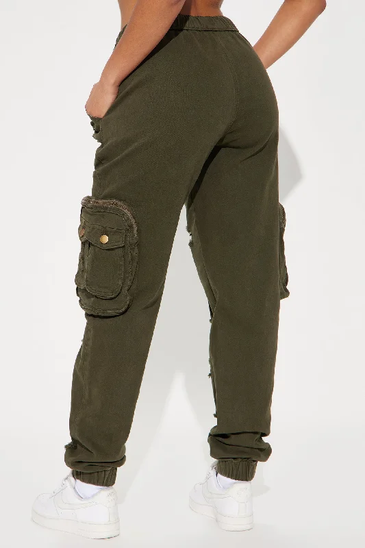 Who's That Girl Distressed Cargo Jogger - Olive