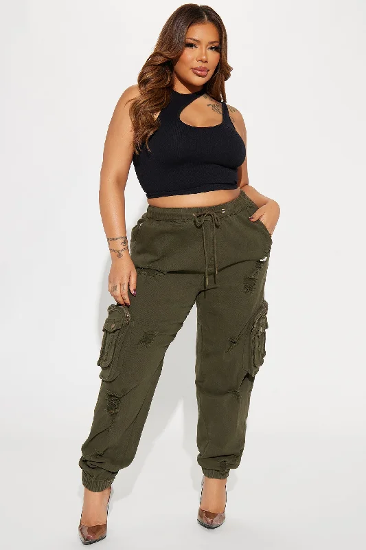 Who's That Girl Distressed Cargo Jogger - Olive