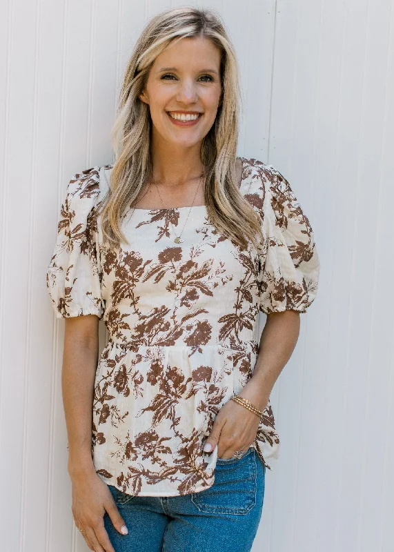 Mocha and Cream Graphic Floral Top