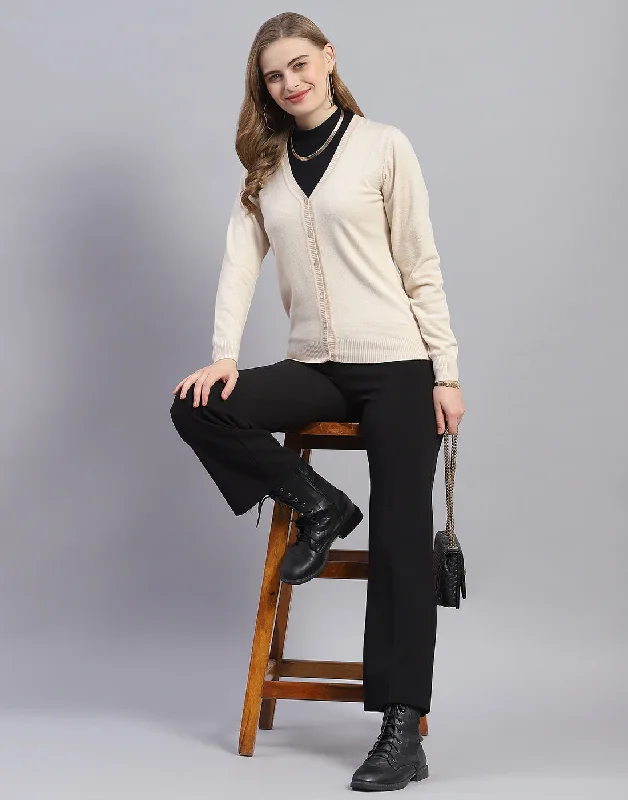 Women Beige Solid V Neck Full Sleeve Cardigan