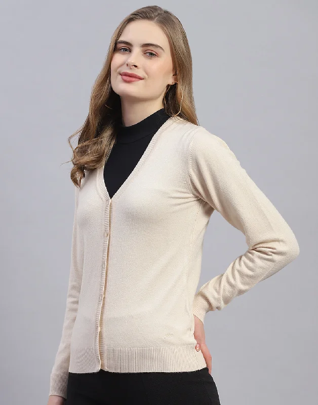 Women Beige Solid V Neck Full Sleeve Cardigan