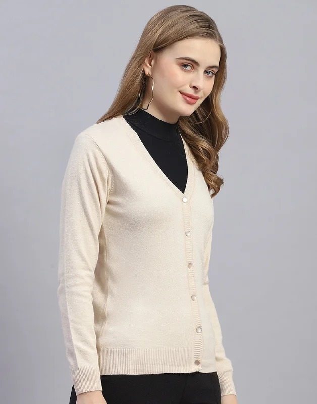 Women Beige Solid V Neck Full Sleeve Cardigan