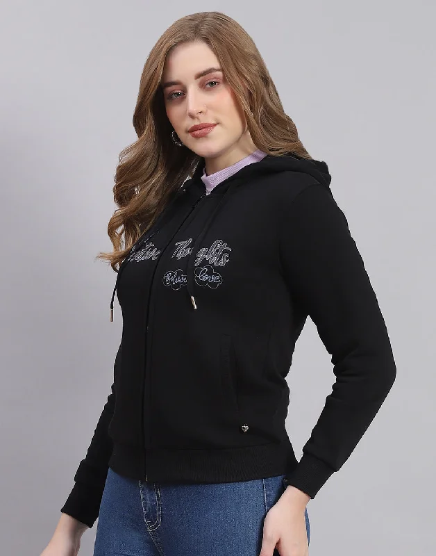 Women Black Embroidered Hooded Full Sleeve Sweatshirt