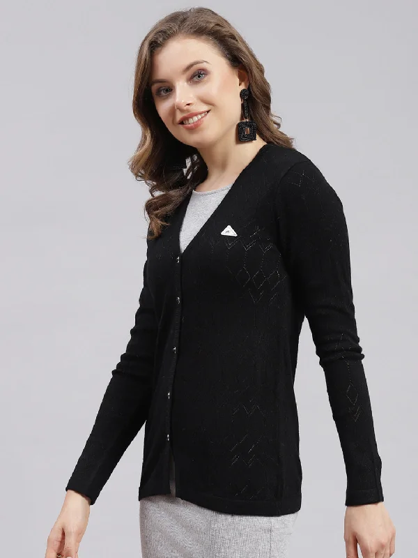 Women Black Jaquard Wool blend Cardigan