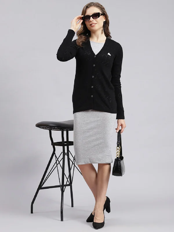 Women Black Jaquard Wool blend Cardigan