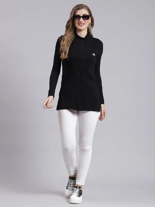 Women Black Solid Pure wool Cardigan