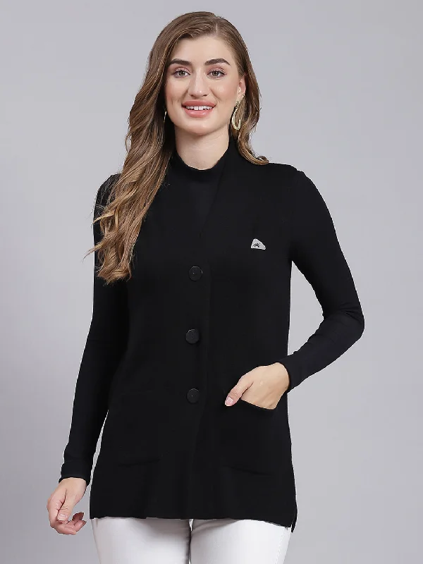 Women Black Solid Pure wool Cardigan