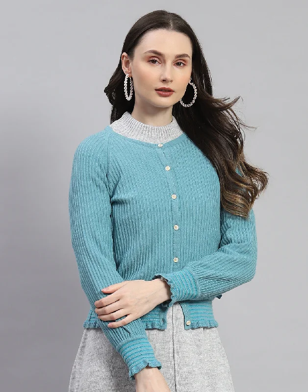 Women Blue Self Design Round Neck Full Sleeve Cardigan