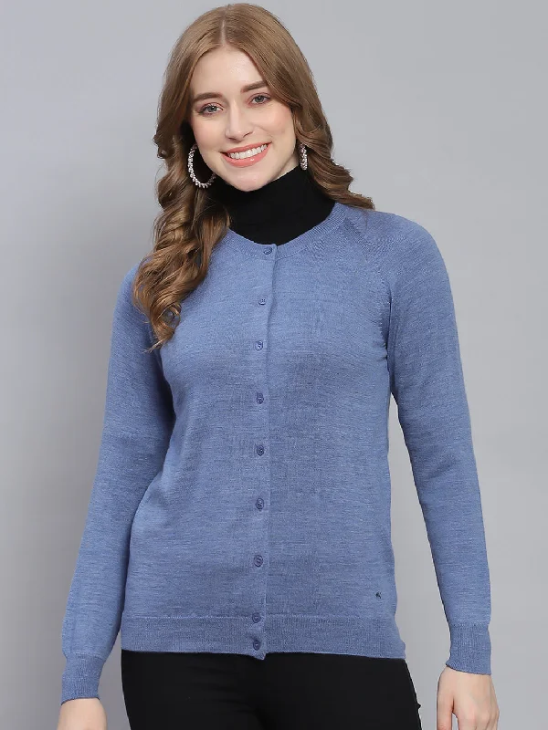 Women Blue Solid Round Neck Full Sleeve Cardigans