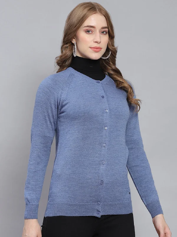 Women Blue Solid Round Neck Full Sleeve Cardigans