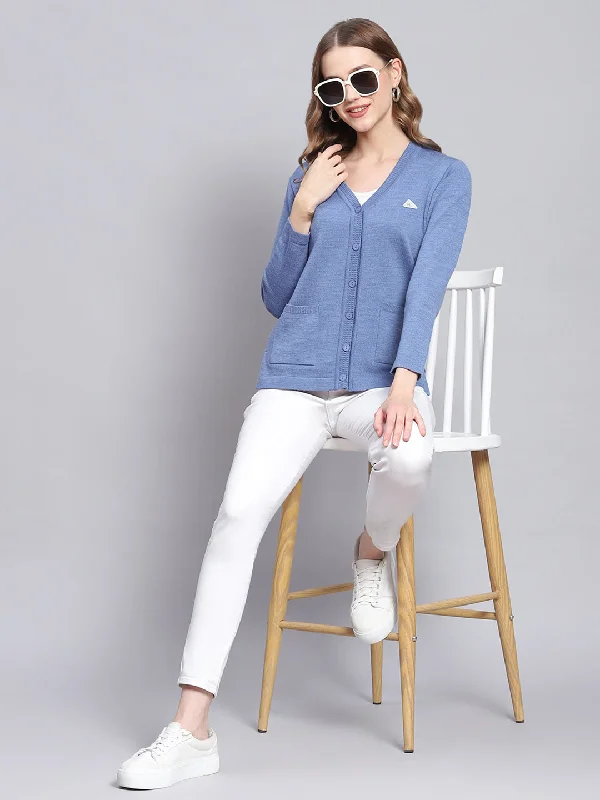 Women Blue Solid V Neck Full Sleeve Cardigans