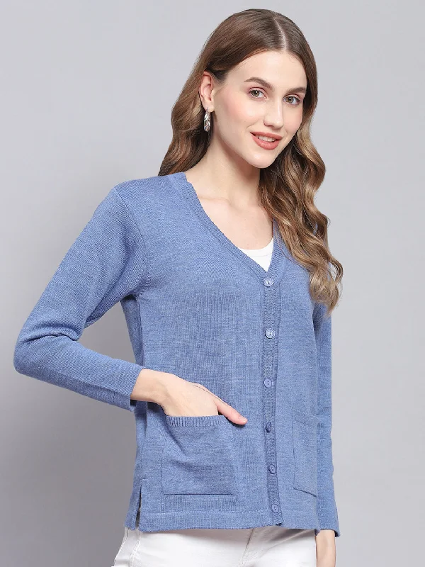 Women Blue Solid V Neck Full Sleeve Cardigans