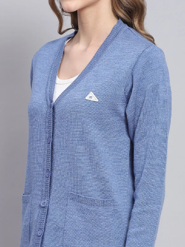 Women Blue Solid V Neck Full Sleeve Cardigans