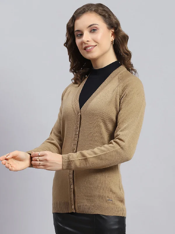 Women Brown Solid V Neck Full Sleeve Cardigans