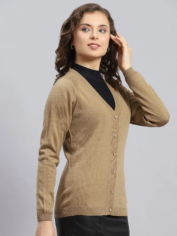 Women Brown Solid V Neck Full Sleeve Cardigans