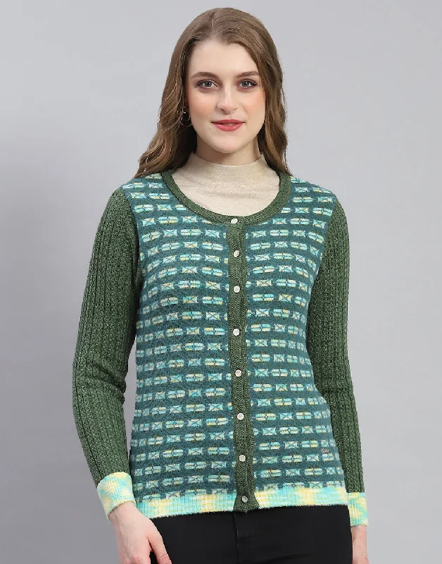 Women Green Self Design Round Neck Full Sleeve Cardigan