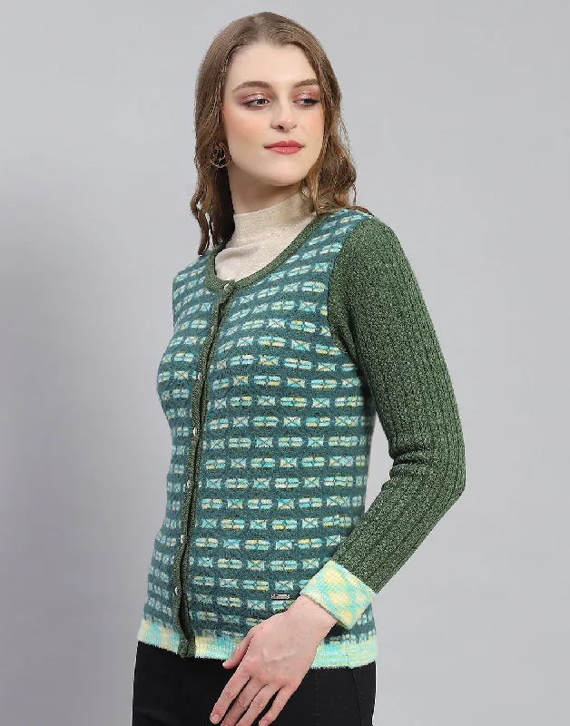 Women Green Self Design Round Neck Full Sleeve Cardigan