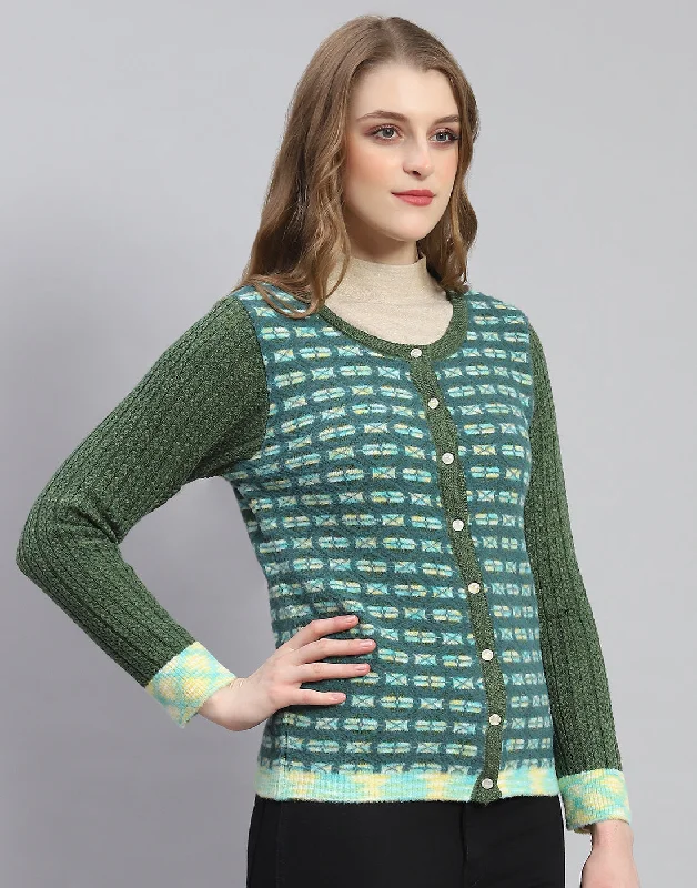 Women Green Self Design Round Neck Full Sleeve Cardigan