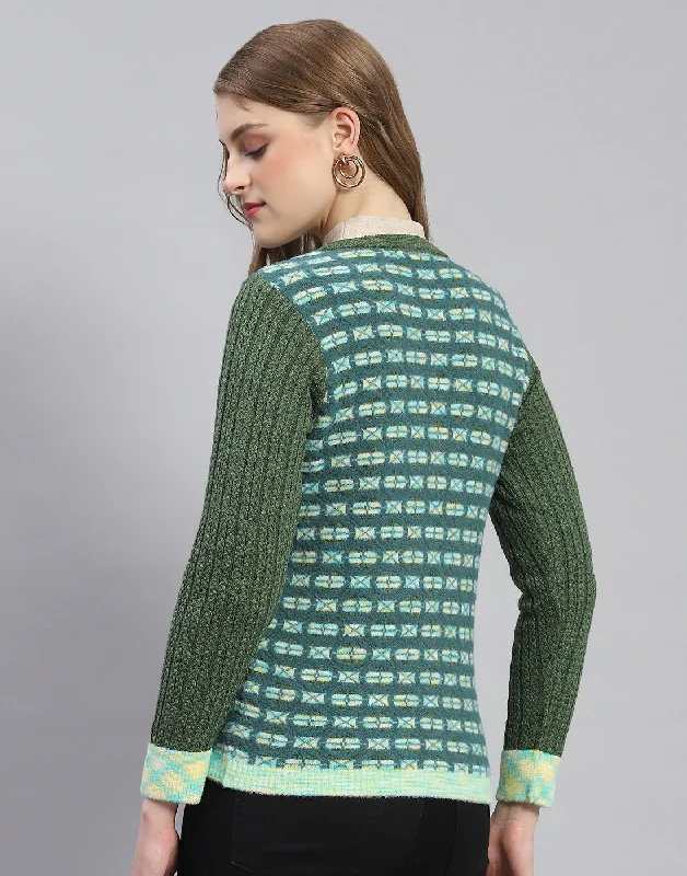 Women Green Self Design Round Neck Full Sleeve Cardigan