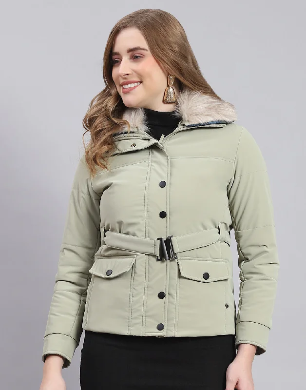 Women Green Solid Stand Collar Full Sleeve Jacket