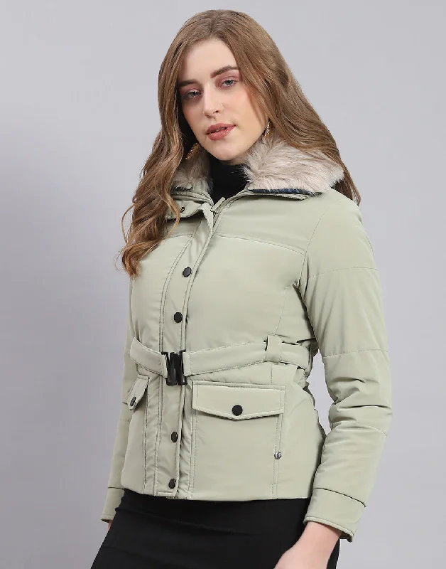 Women Green Solid Stand Collar Full Sleeve Jacket