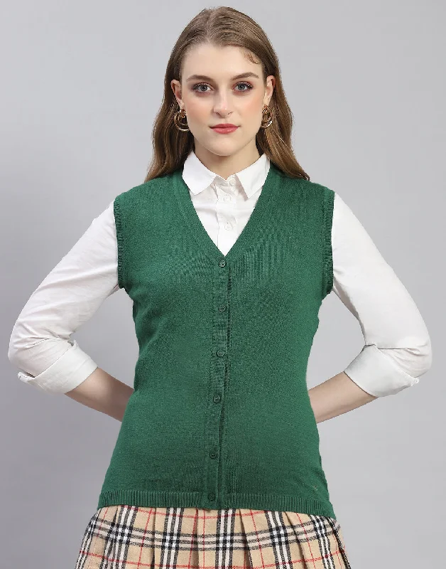 Women Green Solid V Neck Sleeveless Cardigan