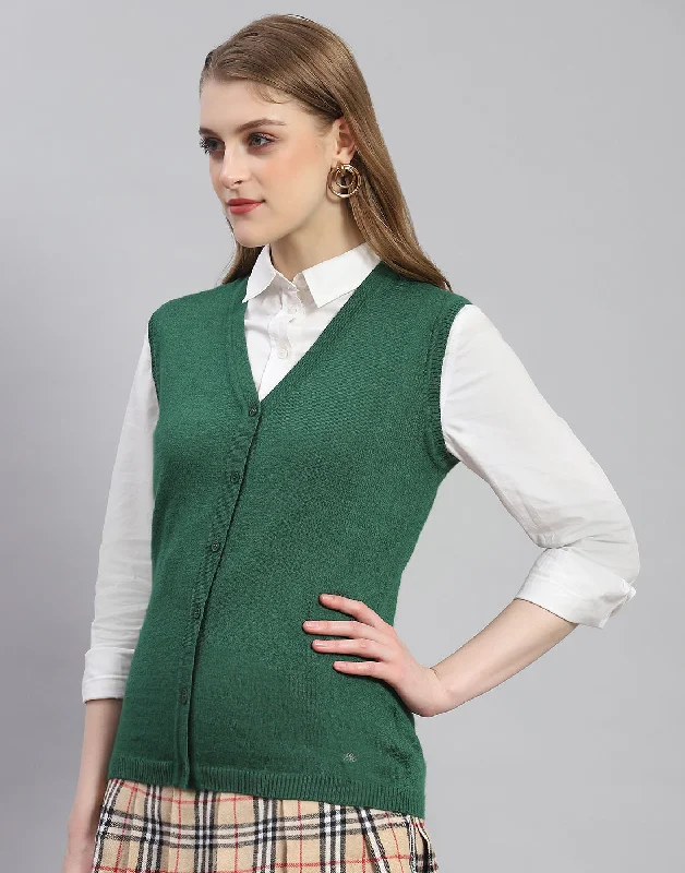 Women Green Solid V Neck Sleeveless Cardigan